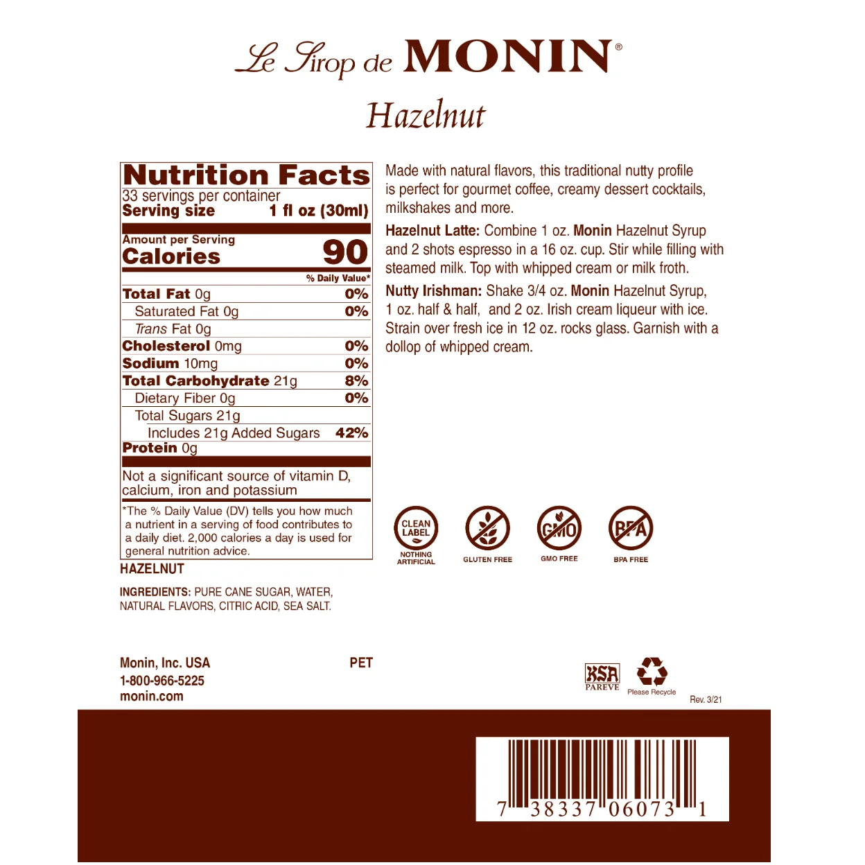 Monin Hazelnut Syrup — Bottle - Image 2