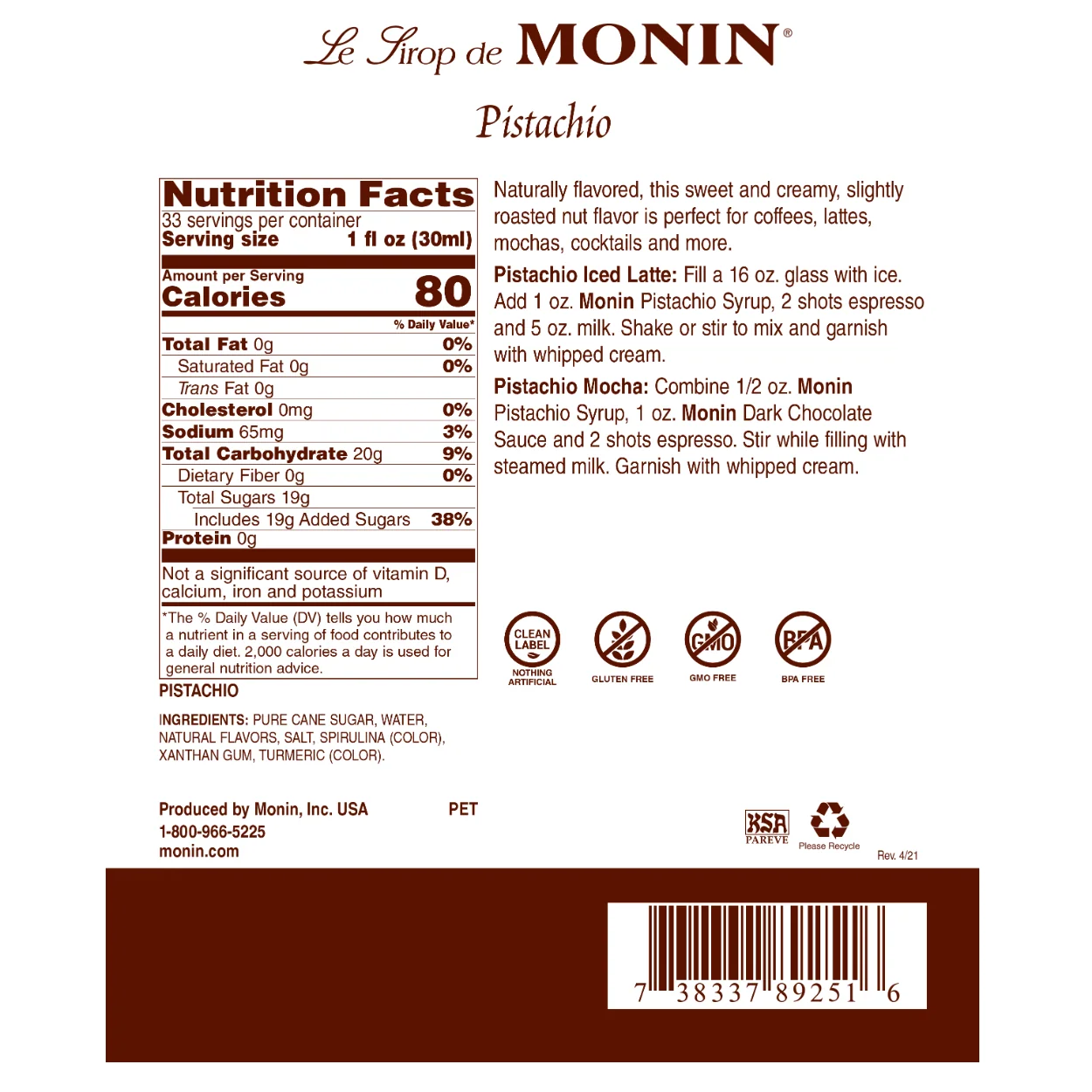 Monin Pistachio Syrup — Bottle - Image 2